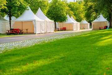 The image features multiple white party tents arranged in a green park. Lush grass and tall trees surround the area, creating a vibrant atmosphere ideal for outdoor gatherings and events.