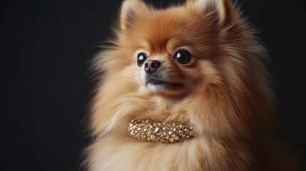 Obraz premium Fluffy Pomeranian with luxurious collar, showcasing its vibrant fur and expressive eyes, exudes charm and elegance in studio portrait setting
