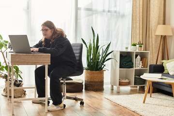 Young woman with Down syndrome embraces comfort while working at home in cozy attire