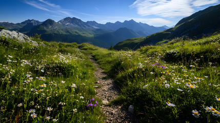 Naklejka premium A beautiful mountain path surrounded by colorful wildflowers, with a clear blue sky above and rugged peaks in the distance.