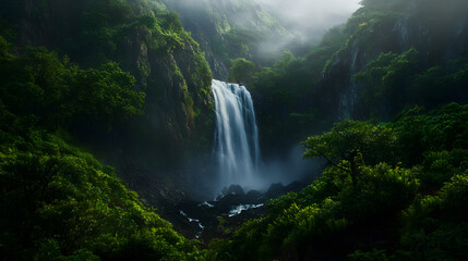 Fototapeta premium A beautiful mountain waterfall flowing down from high cliffs, surrounded by alpine vegetation and bathed in warm summer light.