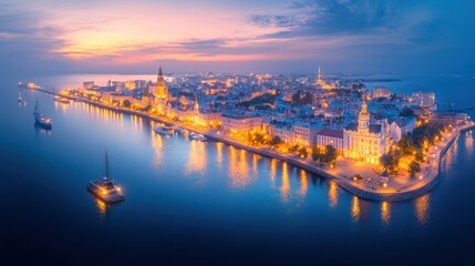 Fototapeta premium Aerial View of Old Town at Sunset, A Picturesque Coastal Cityscape