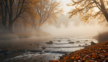 A serene winter landscape with fog blanketing the forest and river, creating a cold, blue scene with snow-covered trees