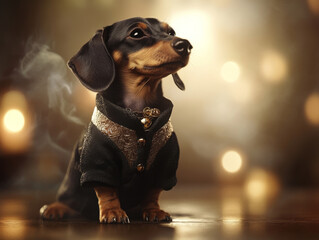 elegant dachshund wearing custom designer dog coat poses gracefully against blurred background of warm lights, exuding charm and sophistication