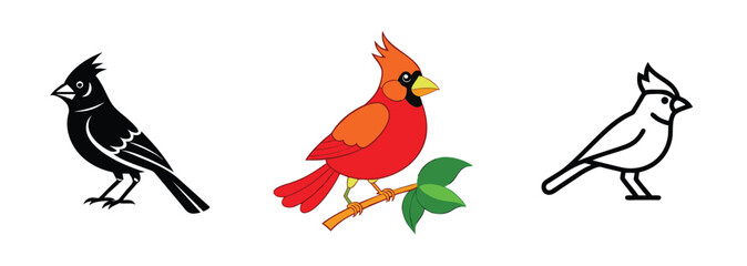 Cardinal Bird Illustrations Black, Red, and White Line Art