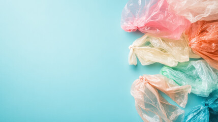 Fototapeta premium Different pastel colored plastic bags are arranged on a blue background with copy space, highlighting the issue of plastic pollution and its impact on the environment