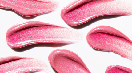 Fototapeta premium Several strokes of shimmering pink lip gloss are creating a beautiful, artistic pattern on a clean white background, showcasing the texture and shine of the cosmetic product