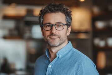 Obraz premium Close up portrait of a man with glasses and a blue shirt in front of a blurred background indoors