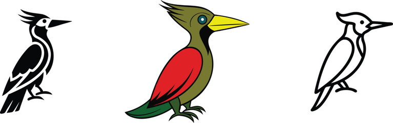 Woodpecker Bird Illustrations Black, Color, Outline Designs
