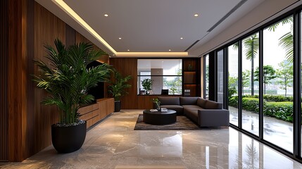 Fototapeta premium Modern Luxury Living Room Design: Sophisticated Interior with Panoramic Views
