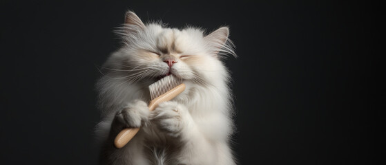 Fototapeta premium Fluffy white cat joyfully holding wooden comb, showcasing playful and content expression. soft fur and serene background enhance delightful moment of grooming