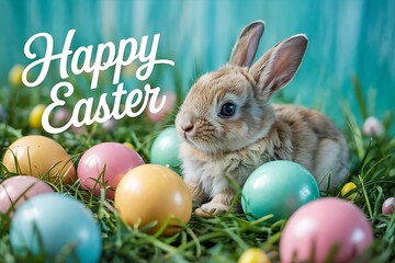 Adorable Baby Bunny Sitting Among Pastel-Colored Easter Eggs on a Vibrant Turquoise Background Perfect for Easter-Themed Designs Spring Celebrations Holiday Marketing and Cute Animal Stock Photography