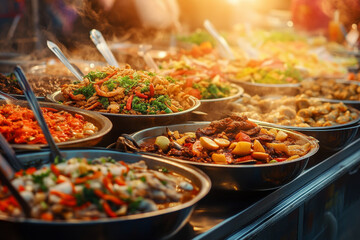 Obraz premium vibrant street food market at s et showcases array of delicious dishes, including stir fried vegetables, meats, and colorful garnishes, creating inviting atmosphere