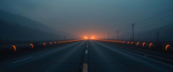  Highway Tires Eerie Landscape with Rows of Illuminated Orange Tires Emerging from Fog Atmospheric.