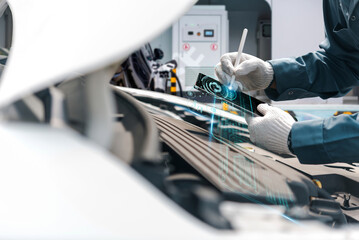 Technician in gloves inspects car engine using futuristic digital tablet interface with holographic...