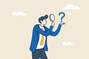 Problem analysis, analyze information to find solution or answer, solving problem or trouble, challenge to think overcome difficulty concept, businessman analyze question mark with magnifying glass.