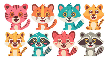 Fototapeta premium Adorable cartoon animals: tigers, cats, and raccoons with vibrant colors and cheerful expressions.