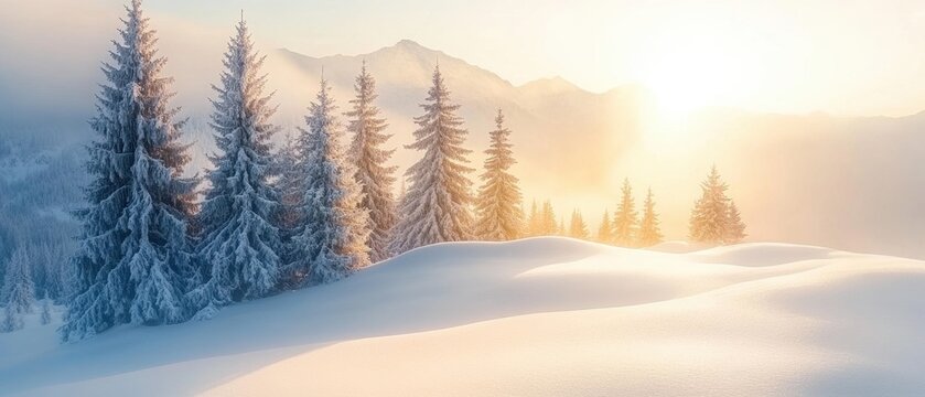 Serene winter landscape featuring snow covered hills and majestic pine trees at sunrise in a tranquil mountain setting