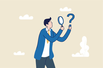 Problem analysis, analyze information to find solution or answer, solving problem or trouble, challenge to think overcome difficulty concept, businessman analyze question mark with magnifying glass.