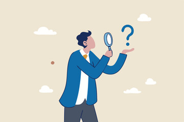 Problem analysis, analyze information to find solution or answer, solving problem or trouble, challenge to think overcome difficulty concept, businessman analyze question mark with magnifying glass.