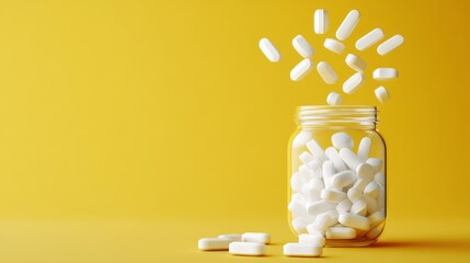 White pills fall into a clear glass jar with yellow background