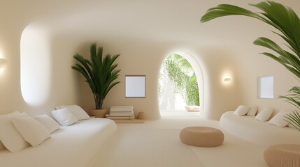 Interior of a modern, minimalist living space with a serene atmosphere and natural light pouring in through the arched window, enhanced by indoor plants