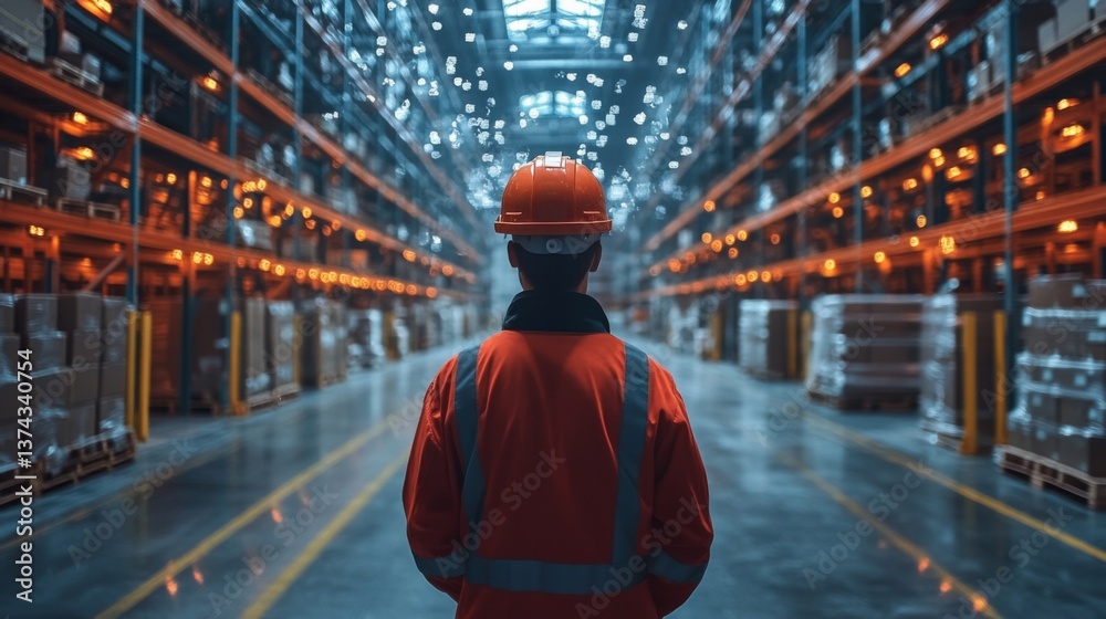 Poster a worker in an orange safety helmet inspects shelves filled with boxes in a large warehouse designed