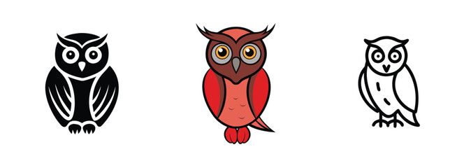 Three Owl Illustrations Black, Red, and Outline Designs