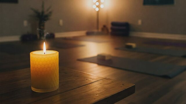 Candle flame in the yoga room with night background, aromatherapy for relaxation 