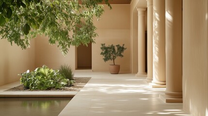 A tranquil courtyard scene with beige pillars, greenery, and a small tree