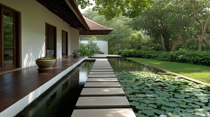 A tranquil zen garden with a water feature, a stone walkway, and an architectural building facade