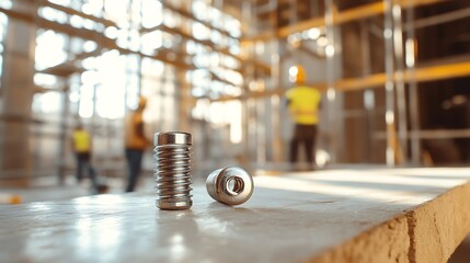 Close-up of metal bolts and nuts resting on a concrete surface with construction workers in yellow hard hats blurred in the background of an unfinished building site