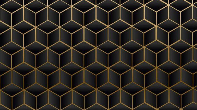 4K geometric cube pattern animation. Black cubes with gold outlines form a luxurious, repeating texture. Seamless loop with subtle 3D depth and light reflections.