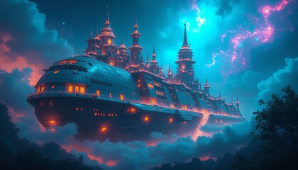 Obraz premium A futuristic cityscape on a spaceship, with glowing spires, bioluminescent forests, and stardust creatures.