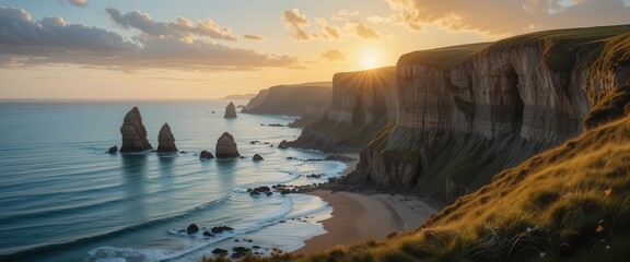  Detailed Depiction of the Rugged Whitby Cliffs during Golden Hour, Showcasing Textural Details and Warm Lighting