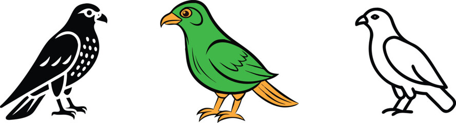 Three Bird Illustrations Black, Green, White Avian Designs