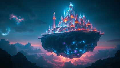 Obraz premium A cityscape on an asteroid with glowing towers and bridges amidst a nebula.