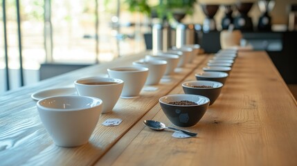 A tasting session setup with cupping bowls, light, medium, and dark roasted coffee samples, and a spoon ready for sampling