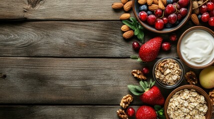 Fototapeta premium A top-down view of a healthy breakfast spread with oatmeal, fresh fruits, nuts, and yogurt on a rustic wooden table