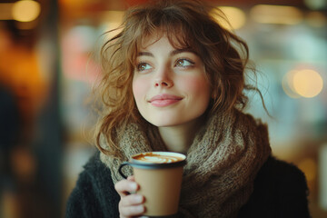 Woman holding a cup of coffee, sitting in a cozy cafe with a book open in front of her. Sunlight softly illuminates the table.