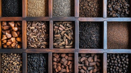 A top-down view of different types of pipe tobacco displayed in small wooden compartments, showcasing various cuts and textures