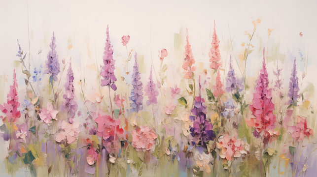 Vibrant summer flower field with soft pastel colors and artistic brush strokes