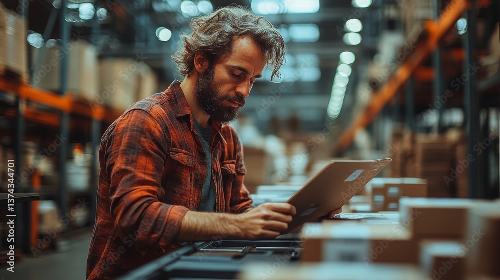 Aufkleber worker analyzes inventory data on a tablet in a busy warehouse. the setting emphasizes logistics, st