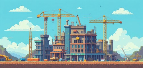  8 Bit Construction World A Pixel Art Illustration in a Retro Gaming Style, Featuring Blocky Buildings
