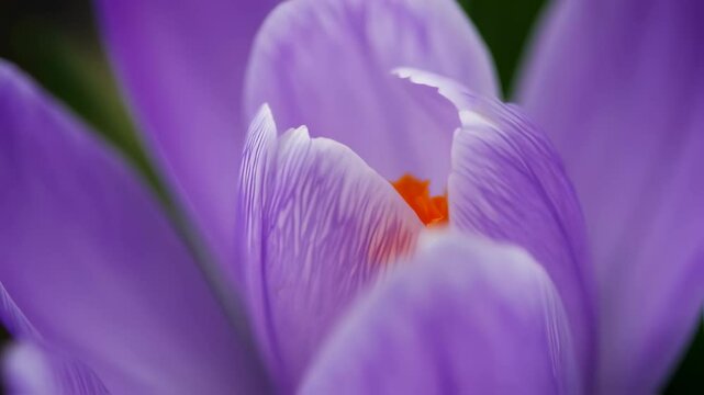 Close-up of a beautiful purple crocus flower displaying vibrant yellow stamens in a lush garden setting