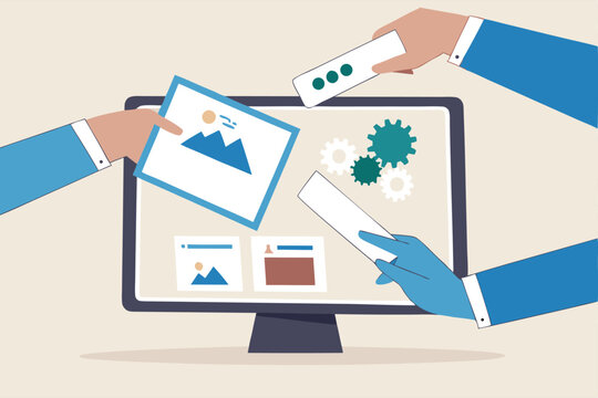Build website with template customization, SEO optimization for search result, develop app or wireframe, customizable software development concept, hands help building website on computer screen.