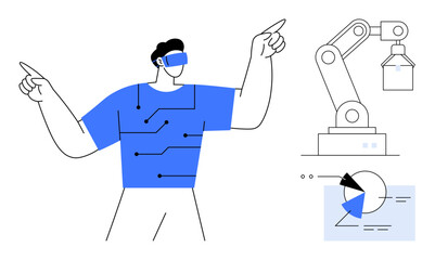 Individual wearing a VR headset interacts with technology-themed elements, including robotic arm and data graph. Ideal for innovation, automation, AI, industry, VR, robotics tech concepts. Flat