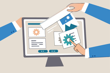Build website with template customization, SEO optimization for search result, develop app or wireframe, customizable software development concept, hands help building website on computer screen.