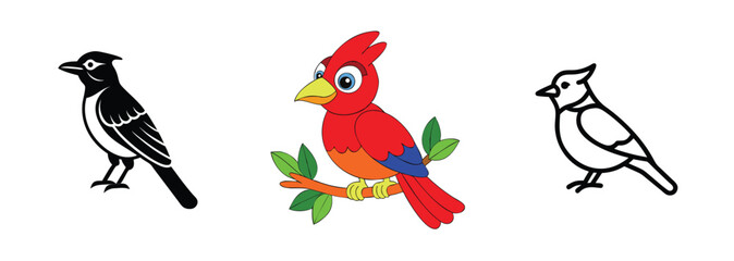 Obraz premium Colorful Bird Illustrations Black, White, and Red Avian Designs