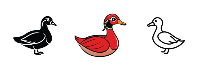 Duck Illustrations Black, Red, White Bird Designs